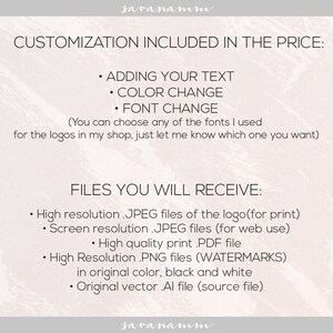 May include: A digital art graphic with text detailing customization options and file types. Text includes "CUSTOMIZATION INCLUDED IN THE PRICE: ADDING YOUR TEXT, COLOR CHANGE, FONT CHANGE." Also lists file types: JPEG, PDF, PNG, and AI.