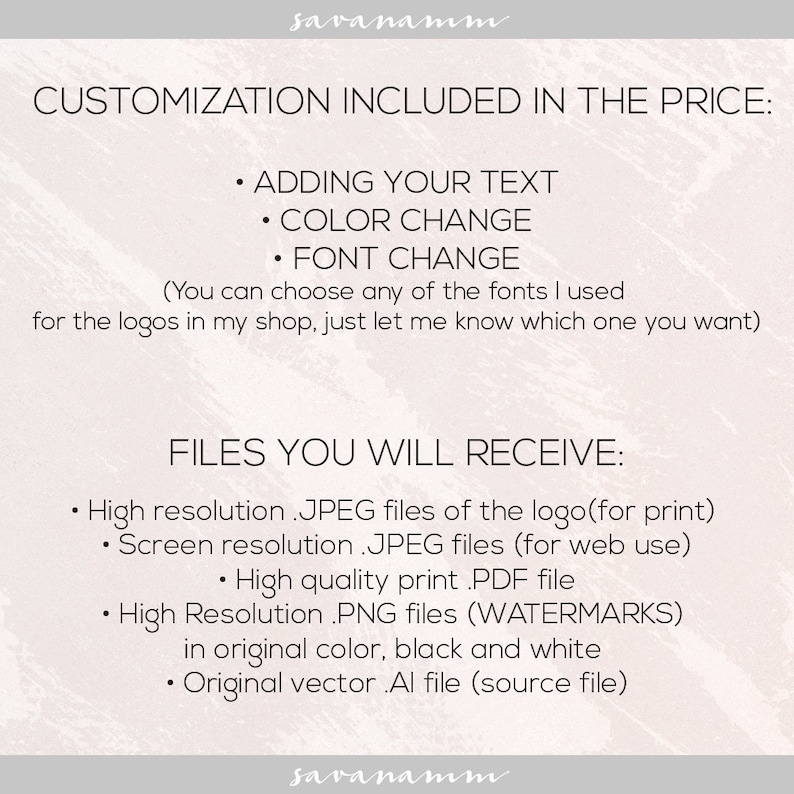 May include: A digital art graphic with text detailing customization options and file types. Text includes "CUSTOMIZATION INCLUDED IN THE PRICE: ADDING YOUR TEXT, COLOR CHANGE, FONT CHANGE." Also lists file types: JPEG, PDF, PNG, and AI.