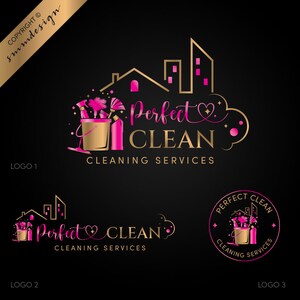 May include: Gold and pink logo design for cleaning services. The design includes a bucket with cleaning supplies, a cityscape, and the words "Perfect Clean Cleaning Services". The logo is displayed in three different variations.