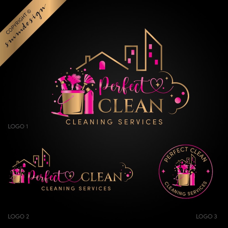 May include: Gold and pink logo design for cleaning services. The design includes a bucket with cleaning supplies, a cityscape, and the words "Perfect Clean Cleaning Services". The logo is displayed in three different variations.