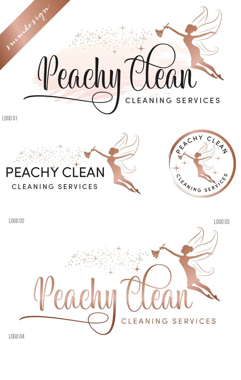 May include: Four logo designs for a cleaning service called "Peachy Clean". The logos feature a fairy with wings and a duster, a peach-colored brushstroke, and the text "Peachy Clean" in a cursive font. The logos are in a rose gold color.