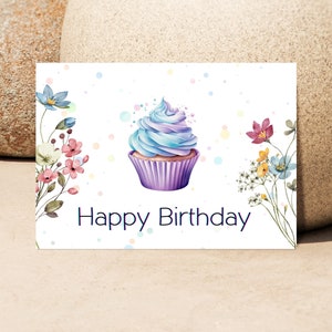 Cartão de feliz aniversário imprimível | Cartão de aniversário digital | Imprima em casa | Baixar cartão de aniversário colorido | Cartão de cupcake aquarela