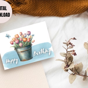 Afdrukbare gelukkige verjaardag tulpen kaart | Digitale verjaardagskaart | Thuis afdrukken| Download Kleurrijke verjaardagskaart |