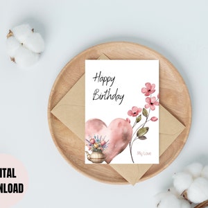 Gelukkige verjaardag afdrukbare wenskaart | Digitale verjaardagskaart | Afdrukbare kleurrijke verjaardagskaart | Kaart met aquarel | Bloemenkaart