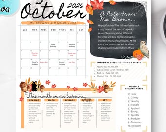 EDITABLE School Newsletter, Monthly Newsletter, OCTOBER Newsletter, October Calendar, Fall Newsletter, Autumn Newsletter, Teacher Template