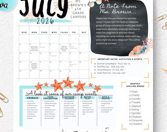 EDITABLE School Newsletter, JULY Newsletter, 2026 Newsletter, Classroom Newsletter, Newsletter Printable, Camp Newsletter, July Calendar