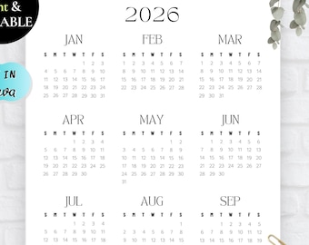 YEAR AT A GLANCE 2026, Year At A Glance Printable, Year Calendar 12 Months, Yearly Overview Calendar,Minimalist White Calendar,Mini Calendar