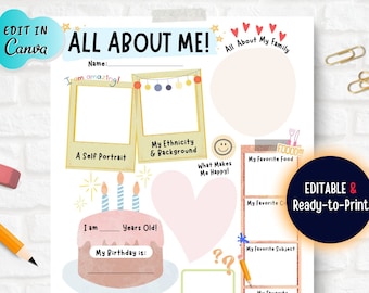 Back to School All About Me, EDITABLE Student About Me,All About Me Printable Back to School,First Day of School About Me,My Favorite Things