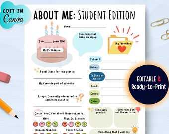 EDITABLE Student About Me, All About Me Printable Back to School, First Day of School About Me, Student Information Sheet,My Favorite Things