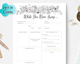 Editable Teacher Printable, Substitute Note, While You Were Out, Sub Teacher, Editable Teacher Note, Personalized Teacher, Class