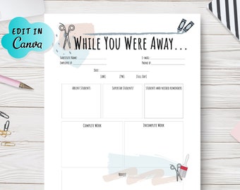 Substitute Note, Classroom Notes, Personalized Teacher Note, Editable Teacher Note, Substitute Teacher, Substitute Teacher Printable