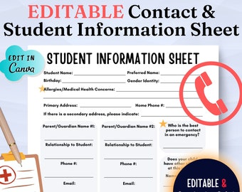 Student Information Sheet, Parent Contact Sheet, Student Information Sheet for Teachers, Emergency Contact Information, Get to Know Student