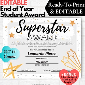 Certificate for Students, End of the Year Awards, Awards for Students, Printable Certificates for School, Digital Class Awards