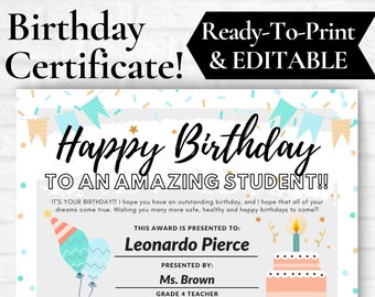 EDITABLE Happy Birthday Certificate, Happy Birthday Award, Certificate for Students, Awards for Students, Teacher Birthday Award,Class Award