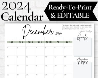 December Calendar 2024, December 2024 Printable Calendar, EDITABLE December Calendar, Calendar with Notes Section, Minimalist White Calendar
