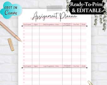 Assignment Tracker Printable, Printable Assignment Planner, Grade Tracker, College Assignment Planner, Homeschool Assignment Tracker