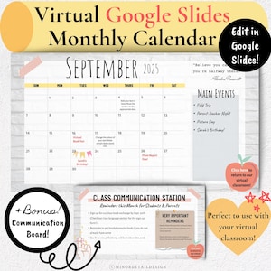 GOOGLE SLIDES CALENDAR, Virtual Calendar Classroom, Digital Classroom Calendar, Google Classroom Calendar, Bitmoji Calendar Slides, Minimal