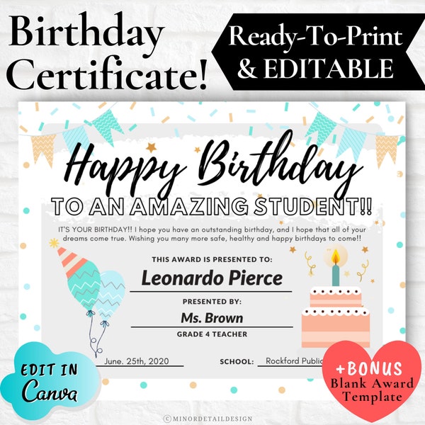 EDITABLE Happy Birthday Certificate, Happy Birthday Award, Certificate for Students, Awards for Students, Teacher Birthday Award,Class Award