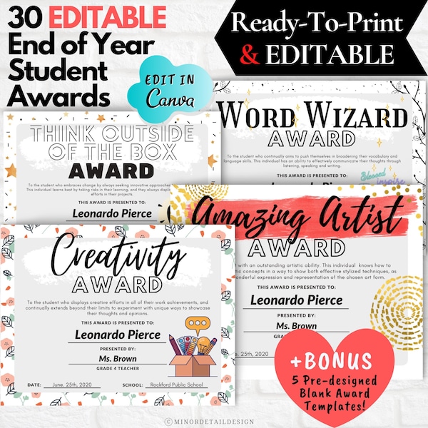 End of Year Awards,End of Year Gift,School Award Template,EDITABLE Awards Certificate,School End of the Year Awards for Teachers,Child Award