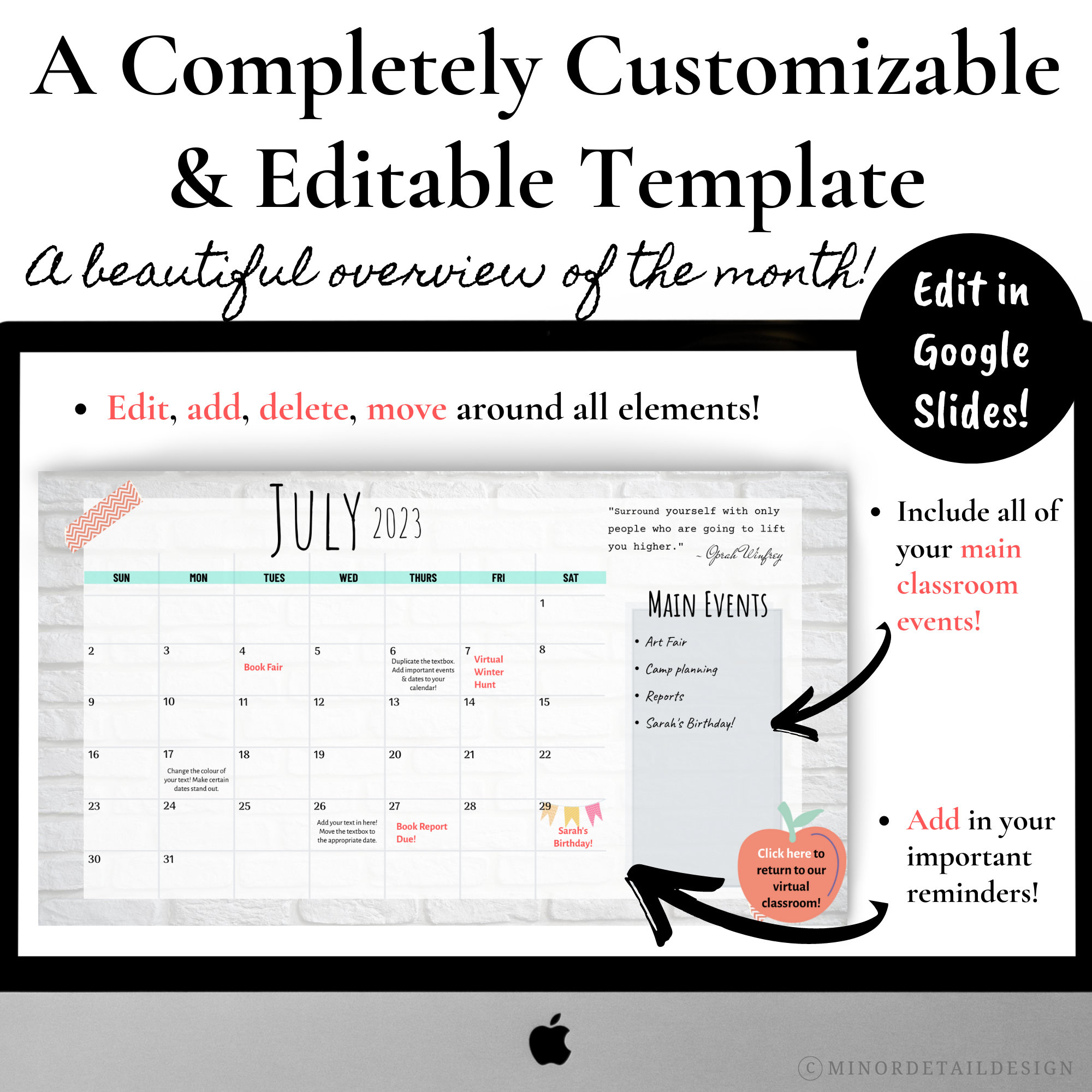 Virtual Classroom Calendar Google Slides Calendar Digital Etsy