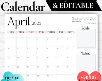 APRIL CALENDAR Printable, April Calendar 2026, April Calendar Planner, Desk Calendar, Calendar with Notes Section, Minimalist White Calendar
