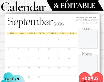 2026 SEPTEMBER CALENDAR, Printable Calendars 2026-2027, Minimalist Monthly Calendar, September Monthly Calendar,2026 Printable Wall Calendar