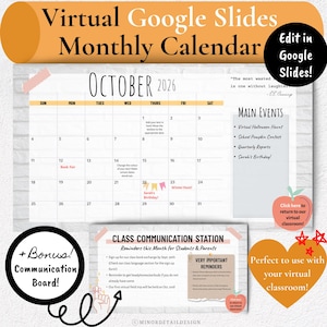 May include: A digital October 2026 monthly calendar template for Google Slides featuring a white brick background, a main events section, and a bonus class communication station board with text prompts for student and parent reminders.