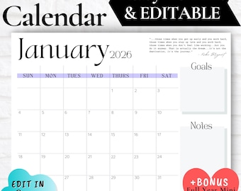 JANUARY CALENDAR 2026, January 2026 Printable Calendar, EDITABLE January Calendar, Calendar with Notes Section, New Years Calendar, New Year