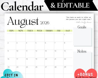 AUGUST CALENDAR Printable, August Calendar 2026, August Calendar Planner, Desk Calendar, Calendar with Notes Section, Minimal White Calendar