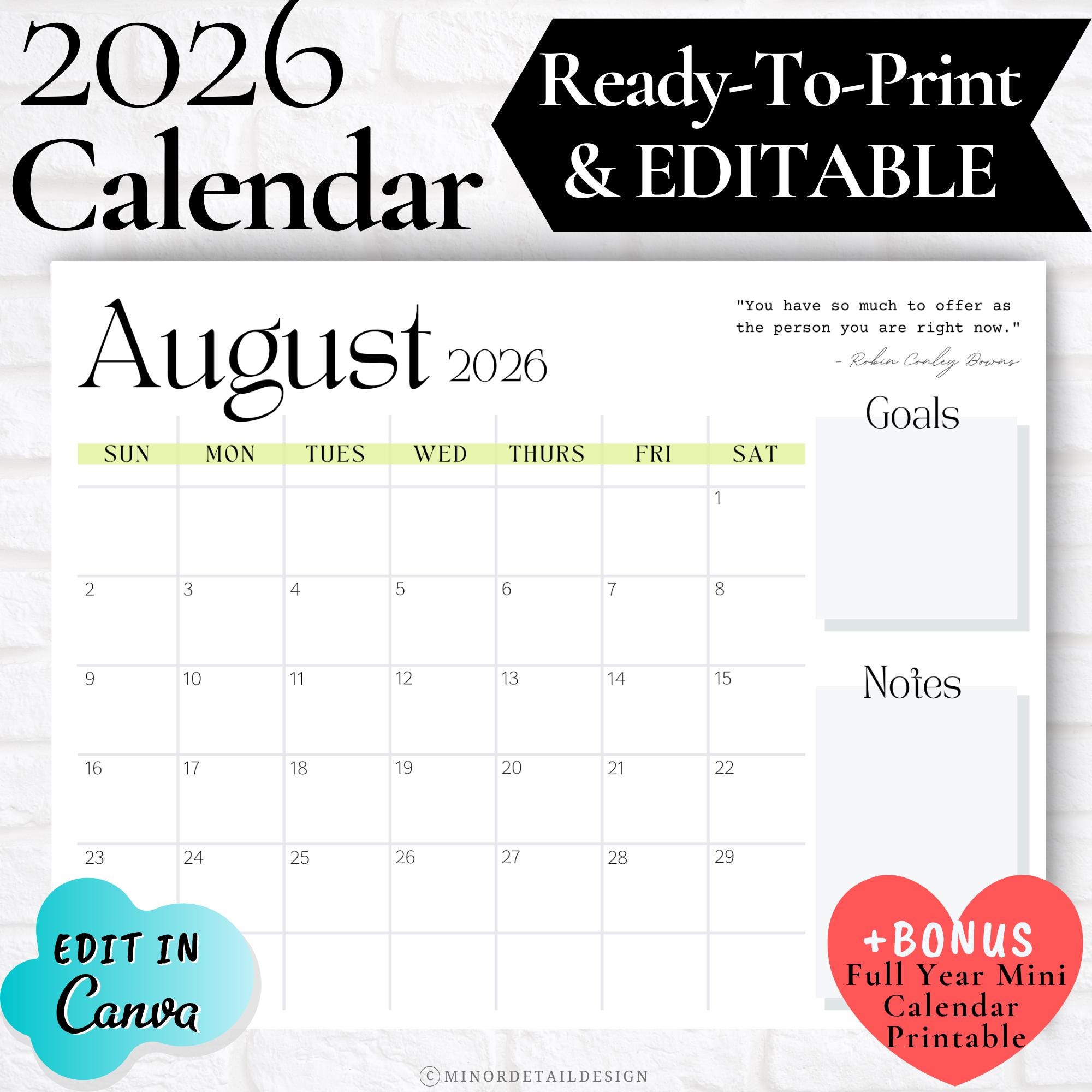 Printable August 2026 Calendar With Meal Planning Sections