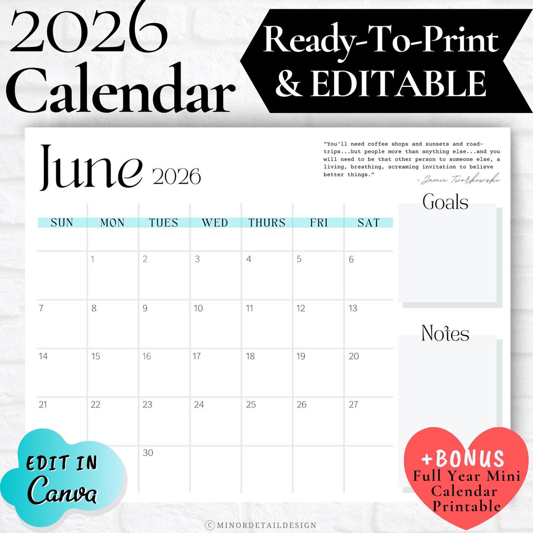 JUNE CALENDAR Printable, June Calendar 2026, June Calendar Planner