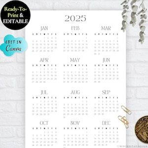 Year At A Glance 2025, Year At A Glance Printable, Year Calendar 12 Months, Yearly Overview Calendar,Minimalist White Calendar,Mini Calendar