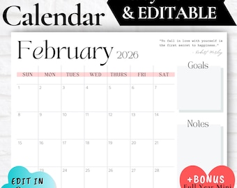 FEBRUARY CALENDAR 2026, February Calendar Printable, February Valentines Calendar, Calendar with Notes Section, Minimalist White Calendar