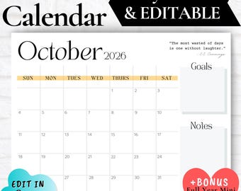 OCTOBER CALENDAR 2026, October 2026 Printable Calendar, Fall Theme Calendar, Printable 2026 Month Calendar, Minimal Wall Calendar, Monthly