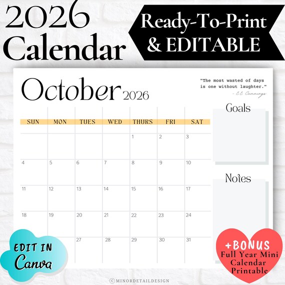 OCTOBER CALENDAR 2026, October 2026 Printable Calendar, Fall Theme Calendar, Printable 2026 Month Calendar, Minimal Wall Calendar, Monthly