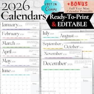 FULL YEAR CALENDAR, 12 Month Calendar Printable, Printable Calendars 2026, Minimalist White Calendar, 2026 Year Calendar, Wall Calendar image 1
