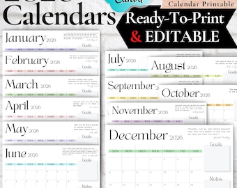FULL YEAR CALENDAR, 12 Month Calendar Printable, Printable Calendars 2026, Minimalist White Calendar, 2026 Year Calendar, Wall Calendar