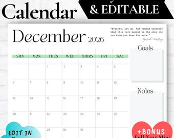 DECEMBER CALENDAR 2026, December 2026 Printable Calendar, EDITABLE December Calendar, Calendar with Notes Section, Minimalist White Calendar