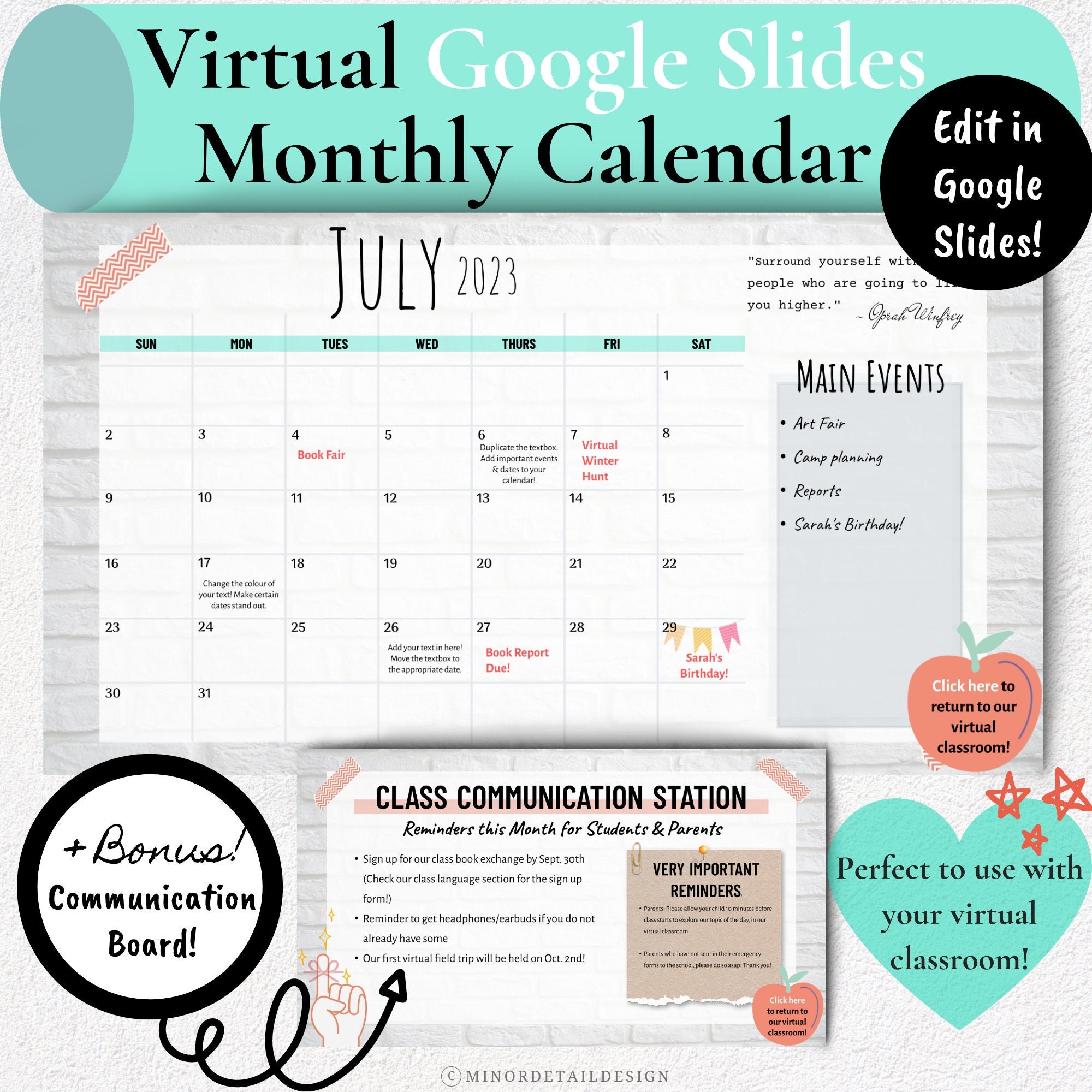 Virtual Calendar Classroom Google Slides Calendar Digital - Etsy