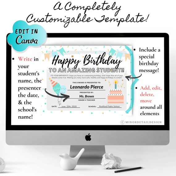 EDITABLE Happy Birthday Certificate, Happy Birthday Award, Certificate For Students, Awards For Students, Teacher Birthday Award,class Award