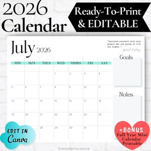 JULY CALENDAR Printable, July Calendar 2026, July Calendar Planner, Desk Calendar, Calendar with Notes Section, Minimalist White Calendar