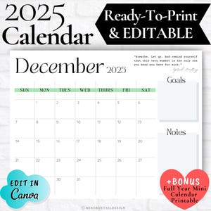 December Calendar 2025, December 2025 Printable Calendar, EDITABLE December Calendar, Calendar with Notes Section, Minimalist White Calendar