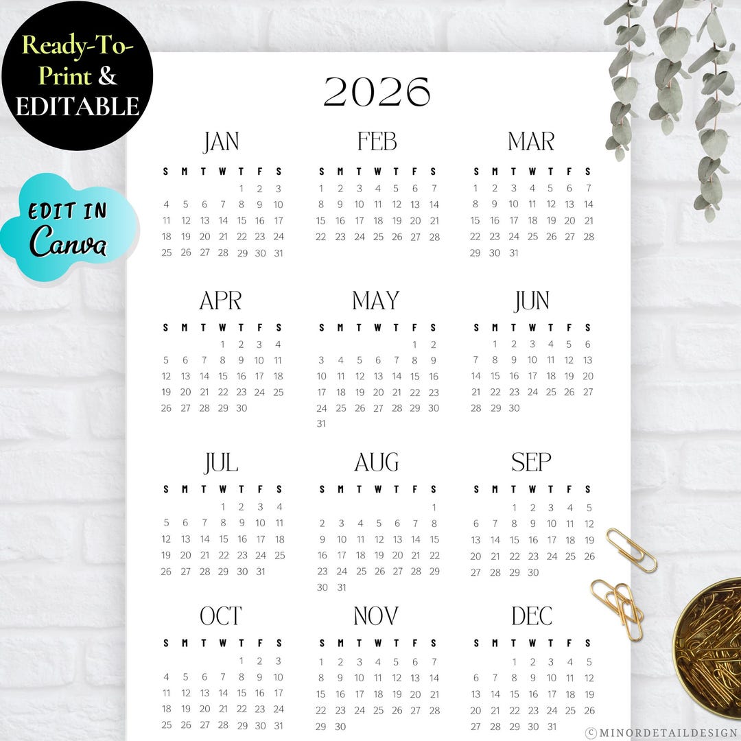 YEAR AT A GLANCE 2026, Year At A Glance Printable, Year Calendar 12 ...