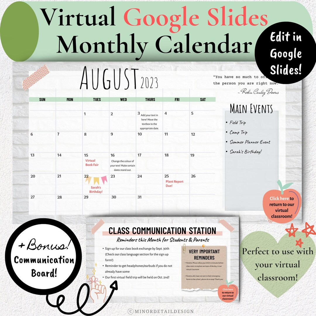 Virtual Calendar Classroom Google Slides Calendar Digital Etsy Canada