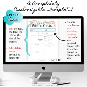 Puede incluir: Una plantilla personalizable para una nota "While You Were Away", con secciones para "Absent Students", "Important Notes", "Completed Work", "Incomplete Work", "Quick Start", "This Day's Reminders", y "Notes". La plantilla mide 21,6 cm por 27,9 cm y est&aacute; dise&ntilde;ada para ser utilizada como una tarjeta de visita secundaria.