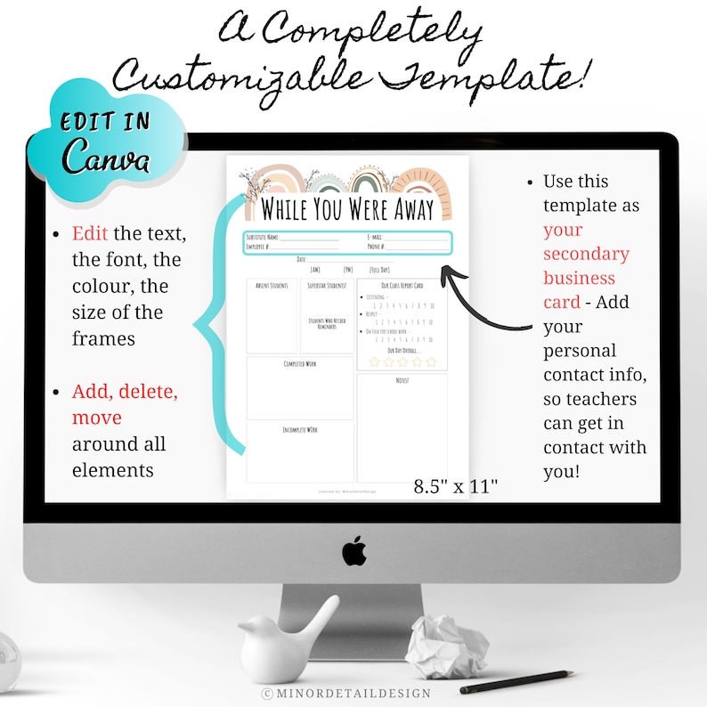 Puede incluir: Una plantilla personalizable para una nota "While You Were Away", con secciones para "Absent Students", "Important Notes", "Completed Work", "Incomplete Work", "Quick Start", "This Day's Reminders", y "Notes". La plantilla mide 21,6 cm por 27,9 cm y est&aacute; dise&ntilde;ada para ser utilizada como una tarjeta de visita secundaria.