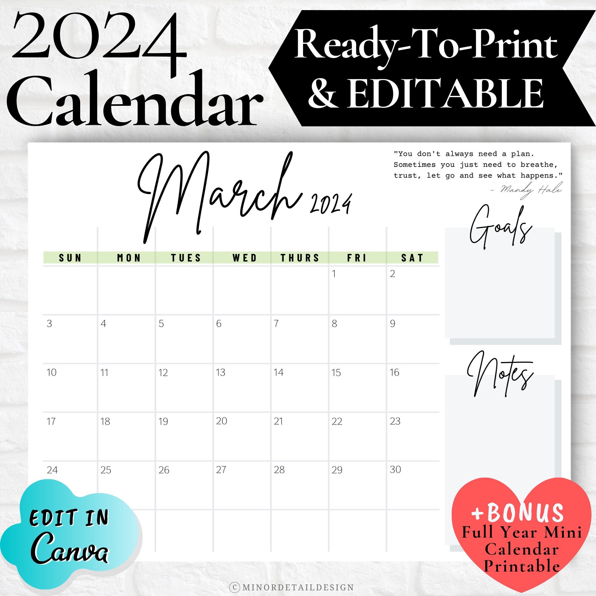 March Calendar Printable, March Calendar 2024, March Calendar Planner, Desk  Calendar, Calendar With Notes Section, Minimalist White Calendar - Etsy