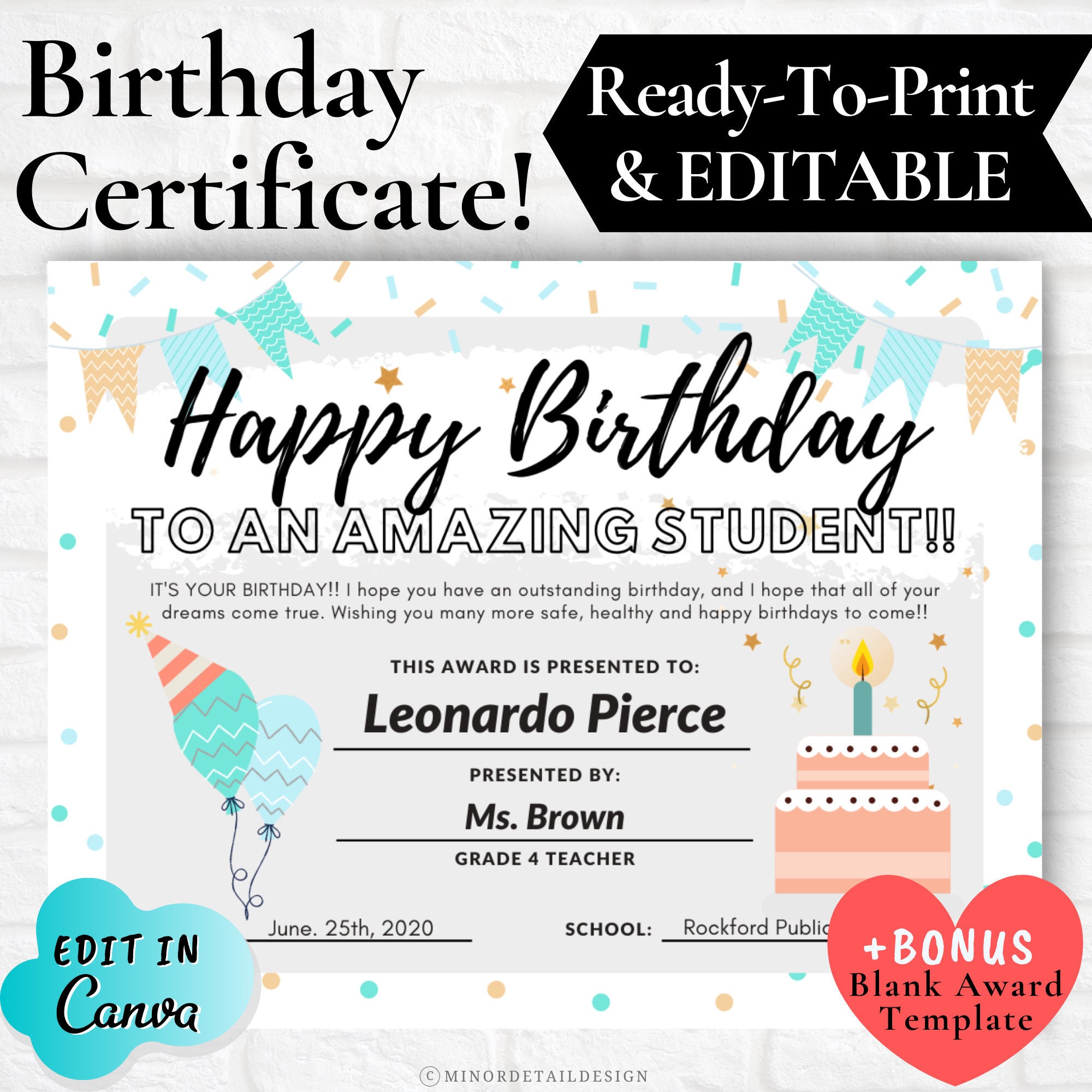 EDITABLE Happy Birthday Certificate Happy Birthday Award - Etsy