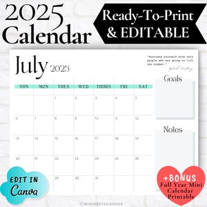 July Calendar Printable, July Calendar 2025, July Calendar Planner, Desk Calendar, Calendar with Notes Section, Minimalist White Calendar