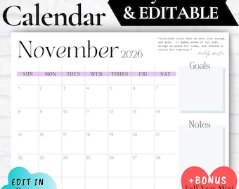 NOVEMBER CALENDAR 2026, November 2026 Printable Calendar, November Calendar Printable,Calendar with Notes Section,Minimal Calendar Printable